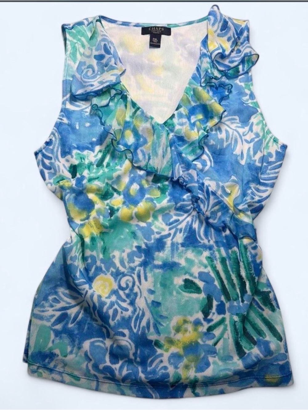 Chaps Blue, Green and Yellow Floral Ruffle V-Neck Camisole